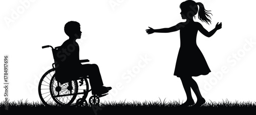 Silhouette of girl running to hug boy in wheelchair, symbol of friendship, love, inclusion, care, equality, and support