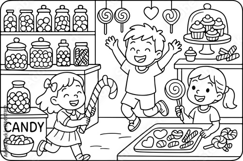 hand drawn vector doodle illustration of Candy Shop coloring page for kids line art