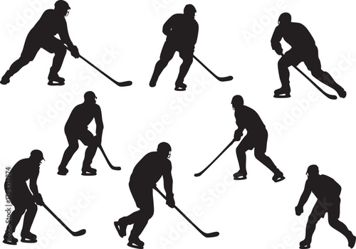 Hockey Player Silhouette Vector Set – Sports Action Poses on White Background