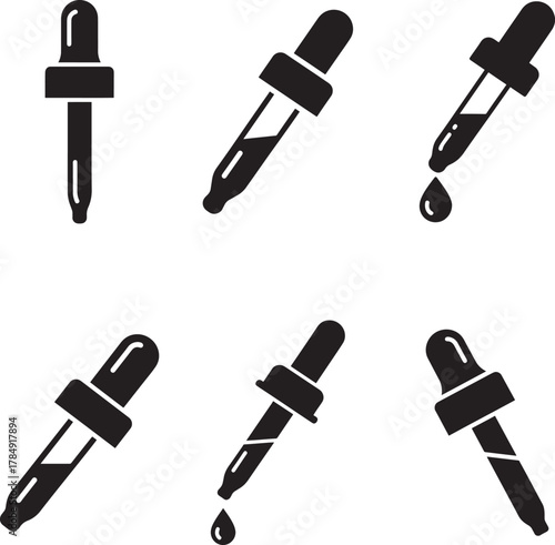 Set of six black silhouette dropper icons showing liquid dispensing and holding fluid