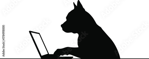 Silhouette of dog using laptop computer, funny animal technology concept, pet working online, creative digital art vector illustration