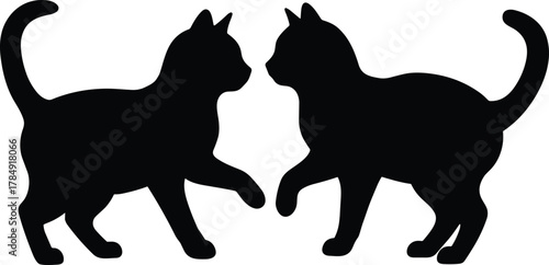 Silhouette of two cats facing each other, pet animals interaction, domestic feline friendship concept, black cat vector illustration art