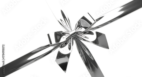 Close up of a shiny silver bow with ribbons on a black background in a diagonal composition