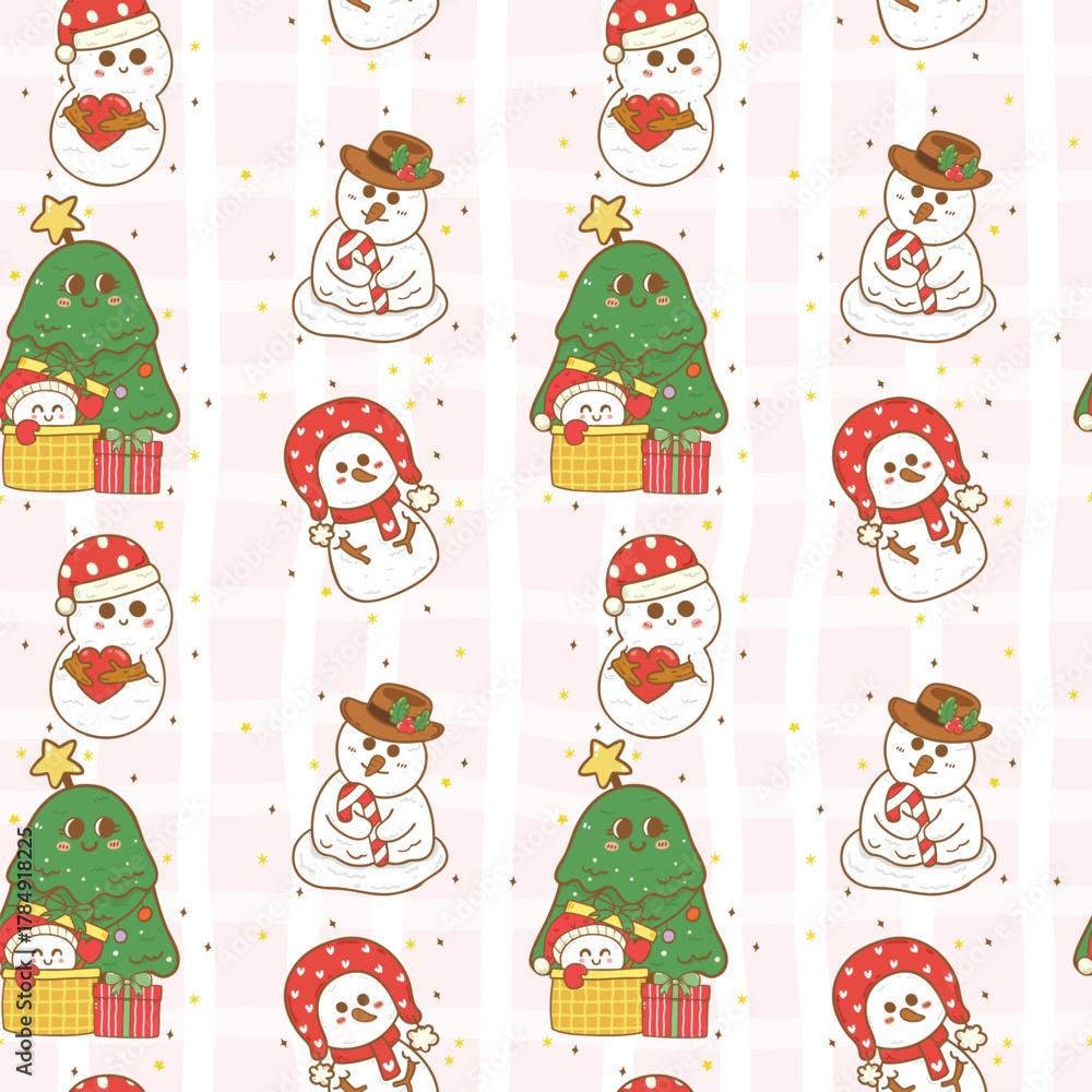 Fototapeta premium Festive christmas cute snowman coquette seamless pattern hand drawn repeat wallpaper background,wrapping paper