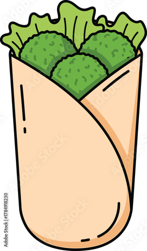 Cartoon falafel wrap with green lettuce and beige tortilla food