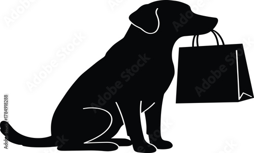 Silhouette of dog holding shopping bag, loyal pet carrying items, black animal illustration, creative vector design, helpful domestic companion art