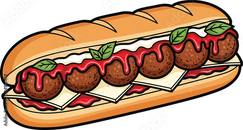 Cartoon Meatball Sub Sandwich with Cheese and Tomato Sauce food