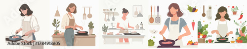 vector of woman frying meat
