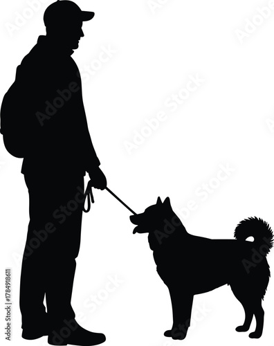 Silhouette of man with backpack walking dog on leash, outdoor pet training, friendship, and companionship concept on white background