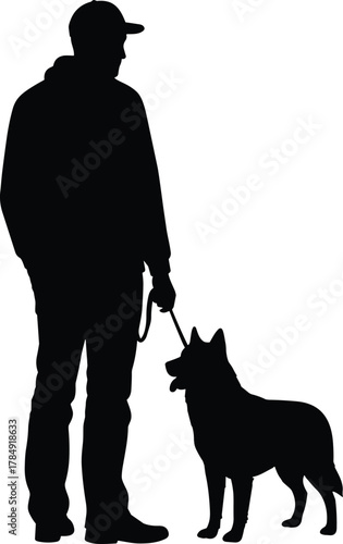 Silhouette of man walking dog on leash, outdoor pet training, companionship and friendship concept, vector illustration on white background