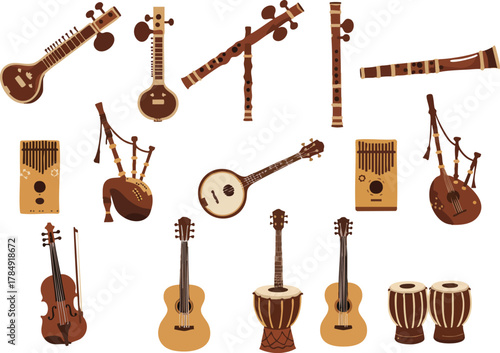 Collection of Diverse Musical Instruments: Stringed Wind and Percussion.
