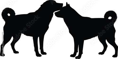 Silhouette of two dogs greeting each other, animal friendship, pet communication and bonding concept, black vector illustration on white background