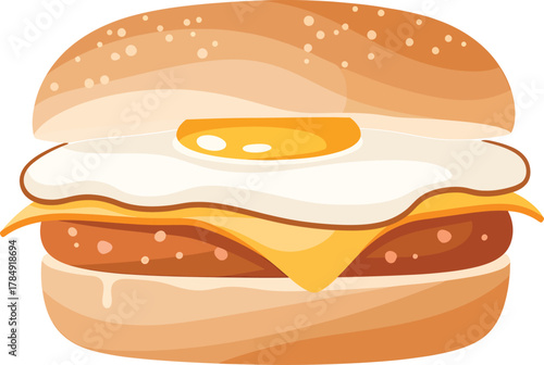 Cartoon illustration of a breakfast sandwich with fried egg and cheese burger
