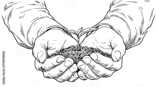 Hands Holding a Small Plant in Soil Line Art Coloring Page Design