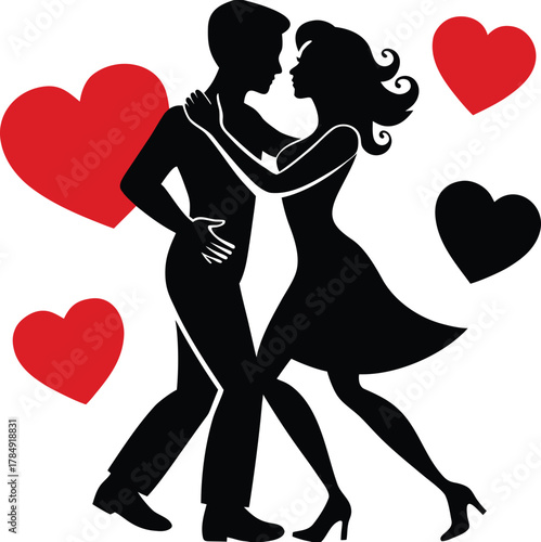 Romantic Dancing Couple Silhouette Vector – Lovers with Red Hearts for Valentine