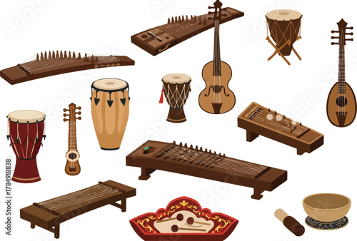 Collection of Traditional Stringed and Percussion Musical Instruments.