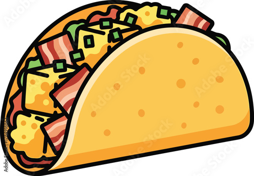 Cartoon taco with bacon cheese lettuce and green onions food mexican