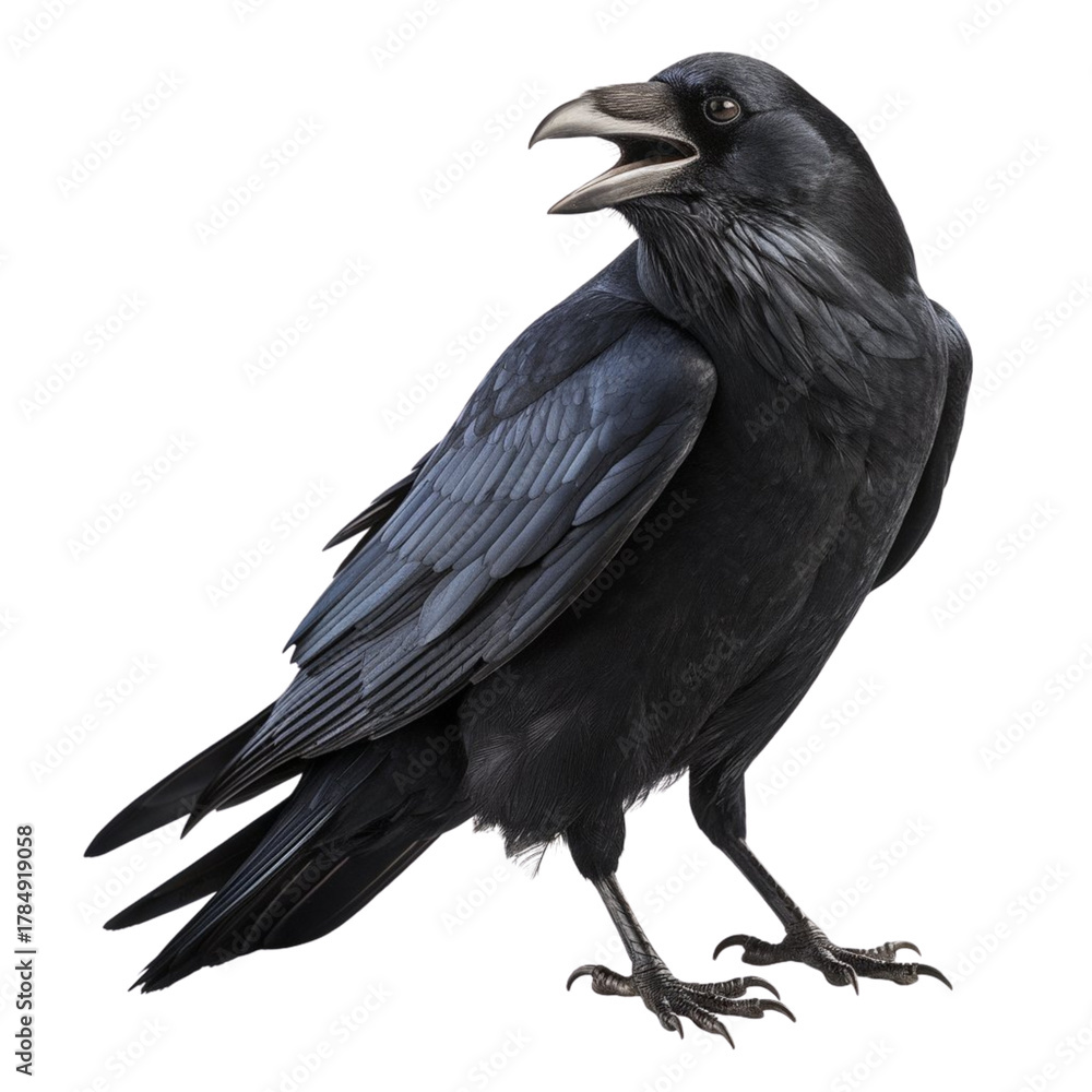Fototapeta premium Majestic raven calling out with open beak, a symbol of mystery and wisdom, isolated shot