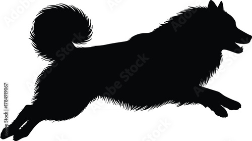 Black silhouette of running dog, jumping pet in motion, domestic animal vector illustration, isolated design for graphic and print use