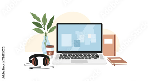 Modern home office setup with laptop, headphones, coffee, and plants, perfect for remote work inspiration and productivity