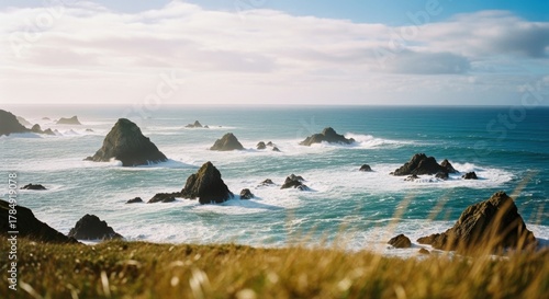 Fototapeta Naklejka Na Ścianę i Meble -  Majestic coastal landscape with dramatic sea stacks. Powerful ocean waves crashing on the shore. Scenic travel destination for adventure and exploration. Natural beauty with a vintage film look