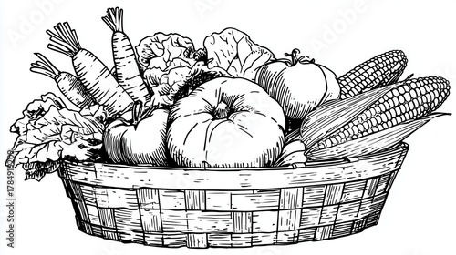 Black and White Line Art of Vegetables in a Basket Coloring Page