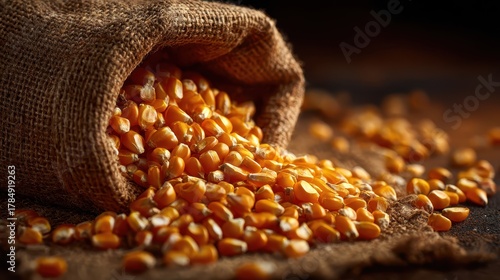 Bright Gold Corn Kernels in a Burlap Bag Captured Up Close