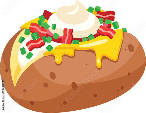 Baked potato with cheese bacon and sour cream topping vector