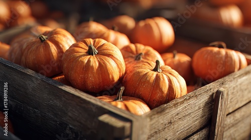 Photorealistic Close-Up of Wooden Crate Filled with Fresh Pumpkins