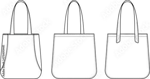 Technical fashion illustration of tote bags front view, handbag design sketch, line drawing, accessory construction template, apparel vector, product development