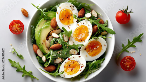 fresh keto salad bowl with egg halves, avocado, arugula, almond flakes, cherry tomato