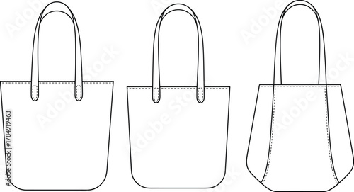 Technical fashion illustration of tote bags front view, handbag design sketch, line drawing, accessory construction template, apparel vector, product development