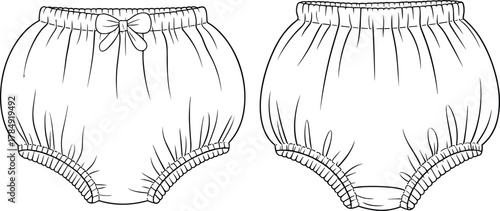 Technical flat sketch of baby bloomers front and back view, diaper cover design, infant clothing illustration, fashion garment drawing, apparel vector template