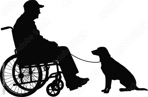 Silhouette of elderly man in wheelchair with dog, animal therapy, emotional support, loyalty, companionship, rehabilitation, friendship, care, love