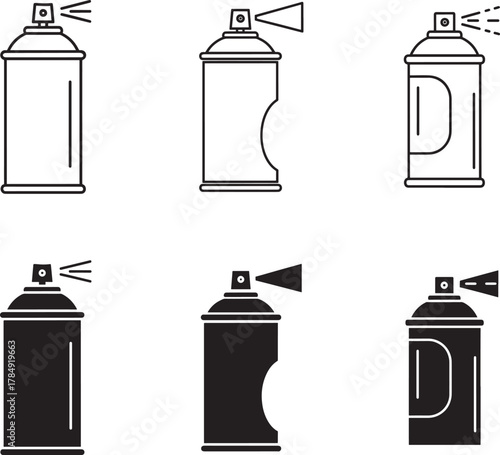 Collection of six stylized spray paint cans in outline and solid black graphic art
