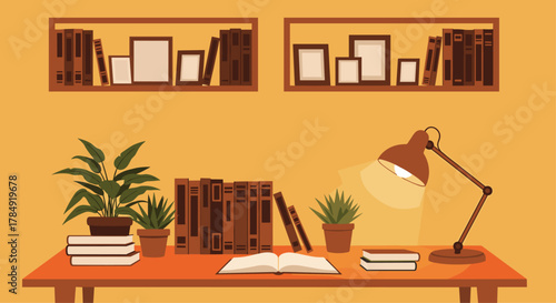 Cozy study corner with warm desk lamp illuminating open book, plants, and shelves filled with books and frames