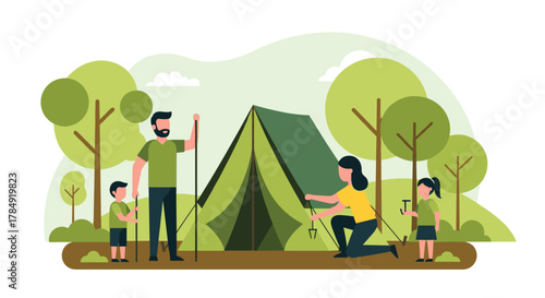 Joyful family setting up camp together in a vibrant green forest, creating lasting outdoor adventure memories