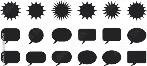 Versatile collection of black silhouette speech bubbles and starburst graphic icons