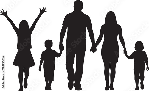 Happy Family Silhouette Vector – Parents and Kids Holding Hands Illustration