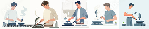 vector of young man cooking fish