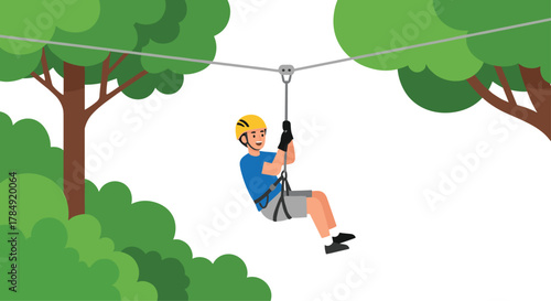 Excited young man with helmet ziplining through lush green trees enjoying an adventurous outdoor activity