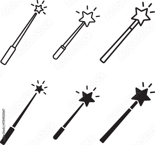 Collection of hand drawn magic wands with star tips in outline and solid fill styles