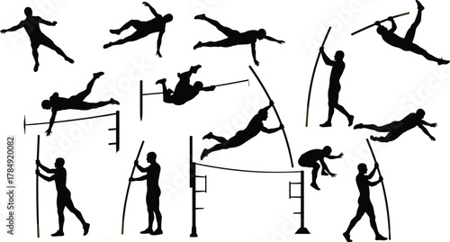 Silhouette of athletes performing pole vault jump, professional sports competition, fitness and strength training concept, vector illustration design