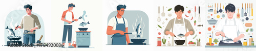 vector of young man cooking fish