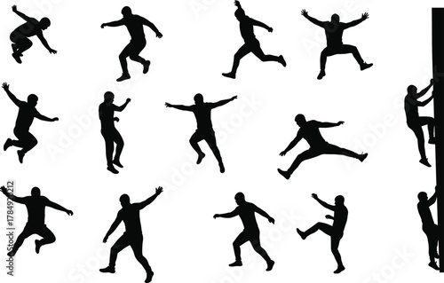 Silhouette of people jumping and climbing, parkour movement vector illustration, active sport concept, freedom action pose fitness design