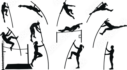 Silhouette of pole vault athletes jumping over bar, track and field sport vector, training competition concept, fitness exercise illustration