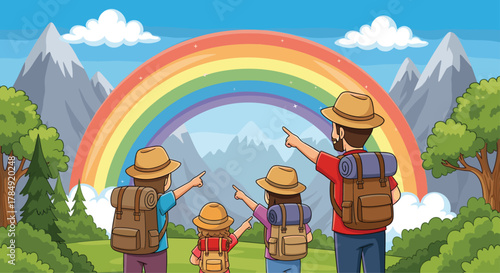 Family adventure begins with pointing at a vibrant rainbow over majestic mountains, embracing nature's wonders