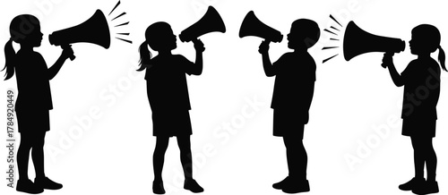 Silhouette of children speaking through megaphone, kids communication concept, teamwork expression vector, social awareness illustration, child voice activism design