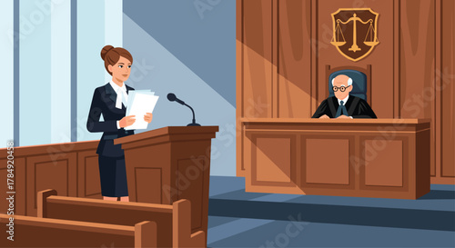 Confident female lawyer presents case to judge in formal courtroom setting, embodying justice and legal proceedings