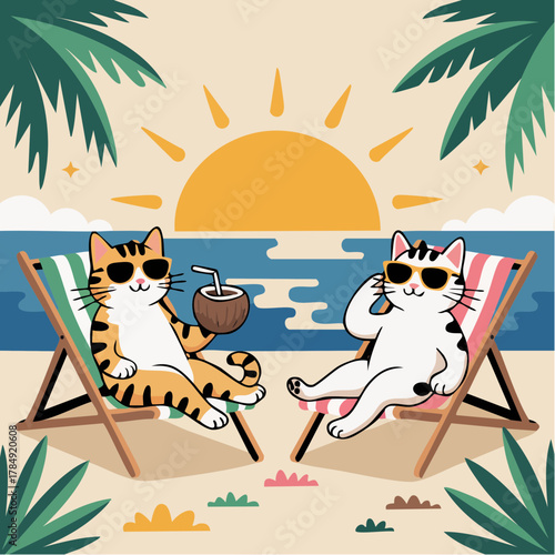 Cool cats chilling on beach with tropical vibes, enjoying summer vacation in style, sunbathing in deck chairs with refreshing coconut drinks under palm trees